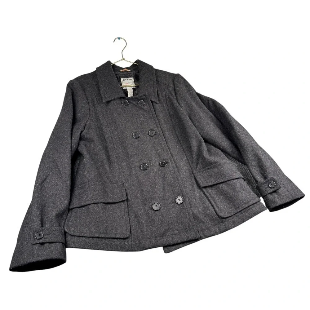 Vintage Old Navy Double Breasted Wool Blend Pea Coat Jacket Charcoal Gray XL 431